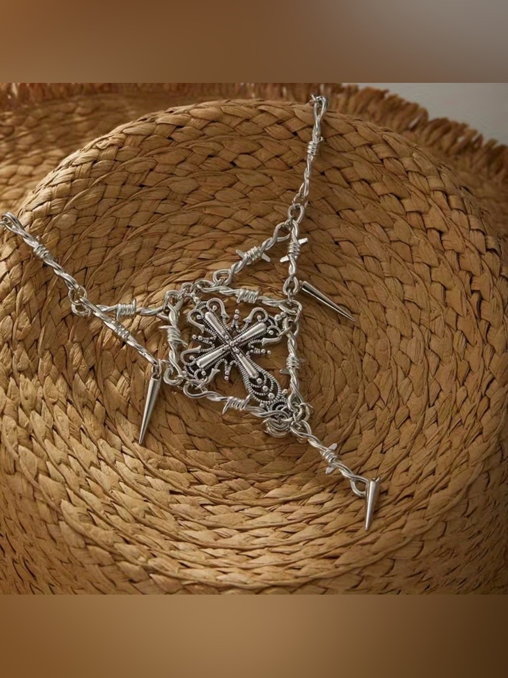 gothic barbed wire necklace features a central ornate cross pendant and spike - Picture 3 of 7